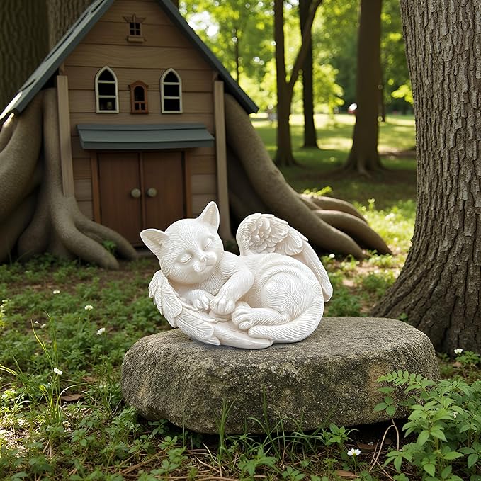Small Cat Memorial Stone Commemorates Our Lost Fur Baby,Peaceful Sleeping Angel Statue for Garden,Indoor,Pet Grave Markers,and Loss of Cat Sympathy Gift (Milky White, Small)