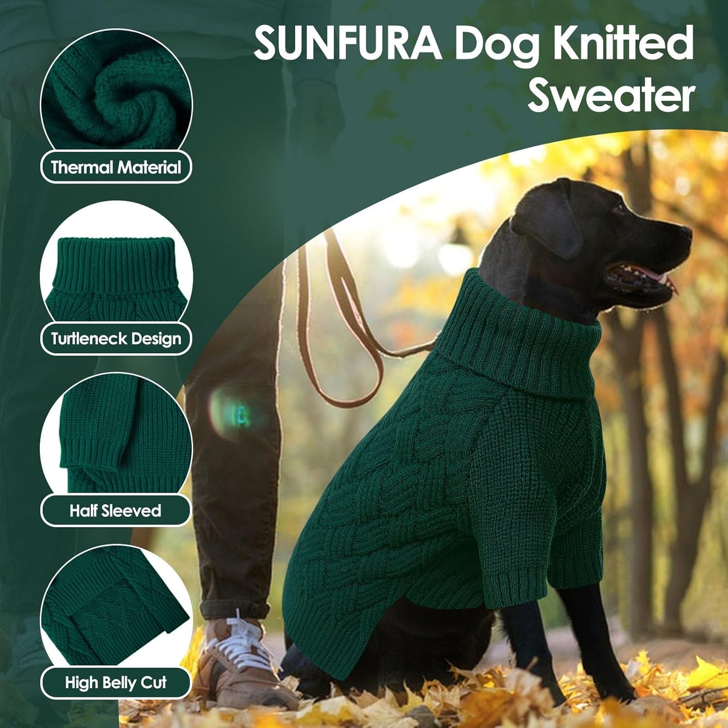 SUNFURA Dog Sweater Large Size Dog, XXL Pet Sweaters for Extra Large Dogs, Doggy Warm Turtleneck Christmas Sweatshirt Cold Weather Knit Pullover for Golden Retriever, Green XXL