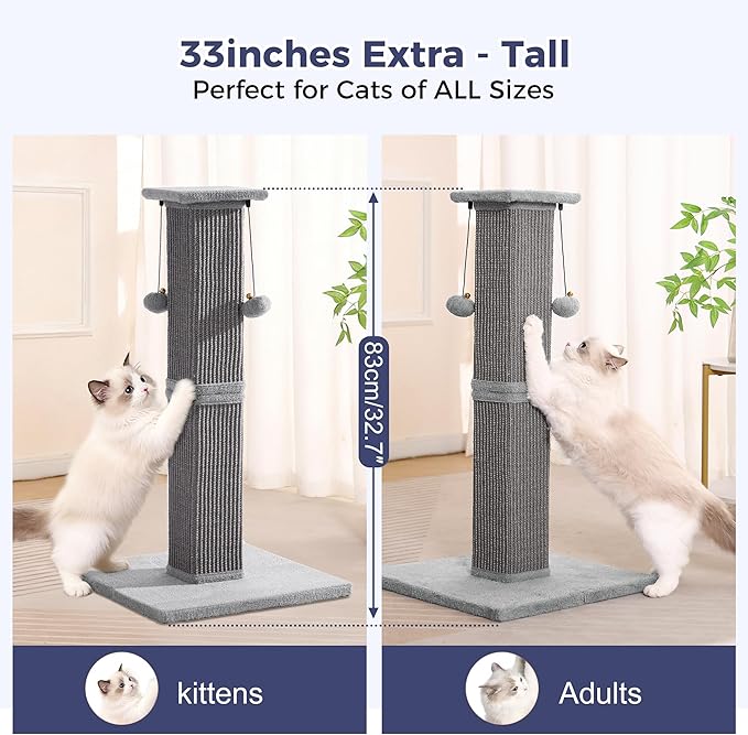 Large Cat Scratching Post with Heavy Duty Base 33" Sturdy Square Sisal Scracher Post and 2 Interactive Hanging Balls for Big Cats-Grey