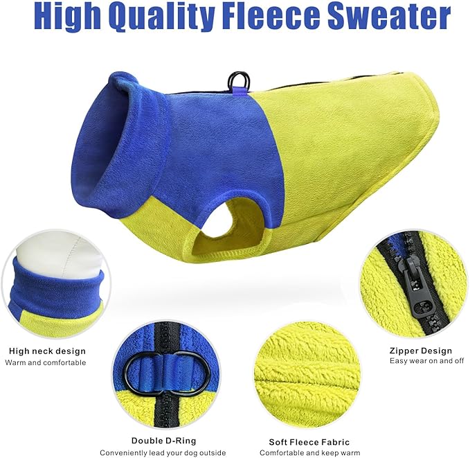 Idepet Dog Fleece Vest Sweater Zip Up Warm Pullover Dogs Jacket with D-Ring Leash Winter Cold Weater Coat Pet Sweatershirt Clothes Hoodie for Small Medium Dogs Boy Girl (Blue/Green, XS)