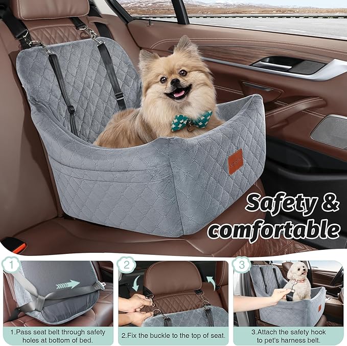 Dog Car Seat for Medium Dogs Up to 35lbs,Fully Detachable and Washable,Easy to Install with Adjustable Straps,Anti-Slip Bottom Travel Car Bed for Pets,2 Side Pockets(Grey,Medium)