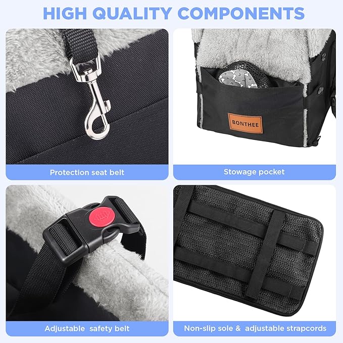 Center Console Dog Car Seat for Small Dogs,Washable Foldable Console Booster Seat for Puppy Car Seat with Safe Protection Hooks Adjustable Straps and Storage Pocket Pet Up to15lbs