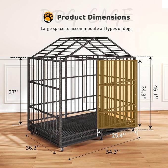 54 in Heavy Duty Indestructible Dog Crate Steel Escape Proof, High Anxiety Cage with Wheels, Removable Tray, Extra Large Dog Kennel XL XXL