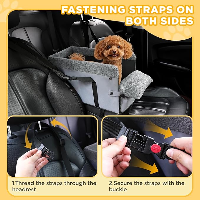 Console Dog Car Seat for Small Dogs,Small Dog Booster Seat for Car Washable Foldable Puppy Car Seat with Safe Protection Hooks Adjustable Straps and Storage Pocket Pet Up to 15lbs