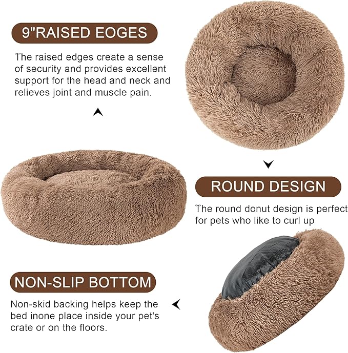 Dog Calming Beds for Small Medium Large Dogs - Round Donut Washable Puppy Dog Bed, Anti-Slip Faux Fur Fluffy Donut Cuddle Anxiety Cat Pet Bed(20'' Khaki