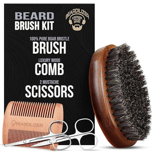 Beardilizer Beard Brush Kit, 100% Pure Boar Bristle Brush, Luxury Wood Comb & 2 Mustache Scissors, Professional Grooming & Care, Beard Accessories for Men