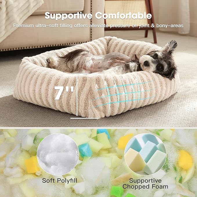 MIXJOY Dog Bed for Medium Sized Dogs, Washable Medium Dog Beds with Removable Cover, Rectangle Pet Beds with Non-Slip Bottom, Warming Calming Dogs Cuddler, 25"x21"x7", White