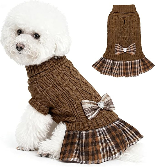 WOYYHO Girl Dog Sweater Dress with Bowtie Turtleneck Small Dogs Sweater with Leash Hole, Knitted Small Dog Sweaters Dress Puppy Winter Clothes for Yorkies Chihuahua (Medium, Brown)