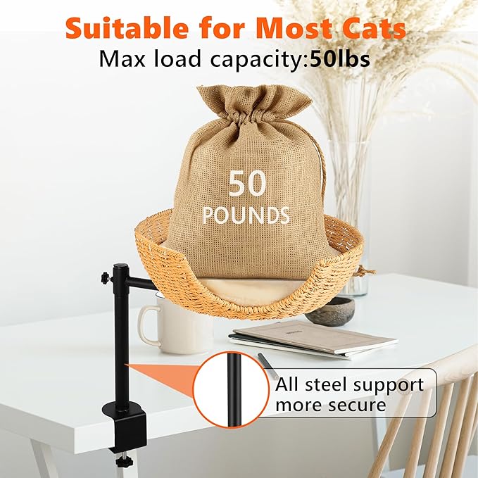 Large Cat Desk Bed, 360°Rotating & Adjustable,Supports 45 lbs,2 Seasonal Replacement Pad, Modern Indoor Cat Nest Furniture for Office Desks and Game Tables, Island Table