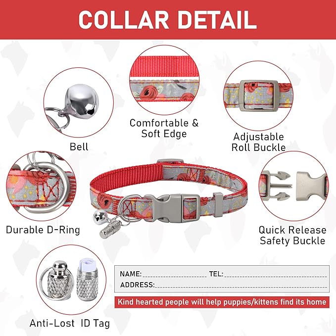 GAMUDA Small Dog Harness Collar and Leash Set, Step in No Chock No Pull Soft Mesh Adjustable Dog Vest Harnesses Plaid Reflective for Dogs Puppy Cats Kitten Rabbit (Red Flower, L)