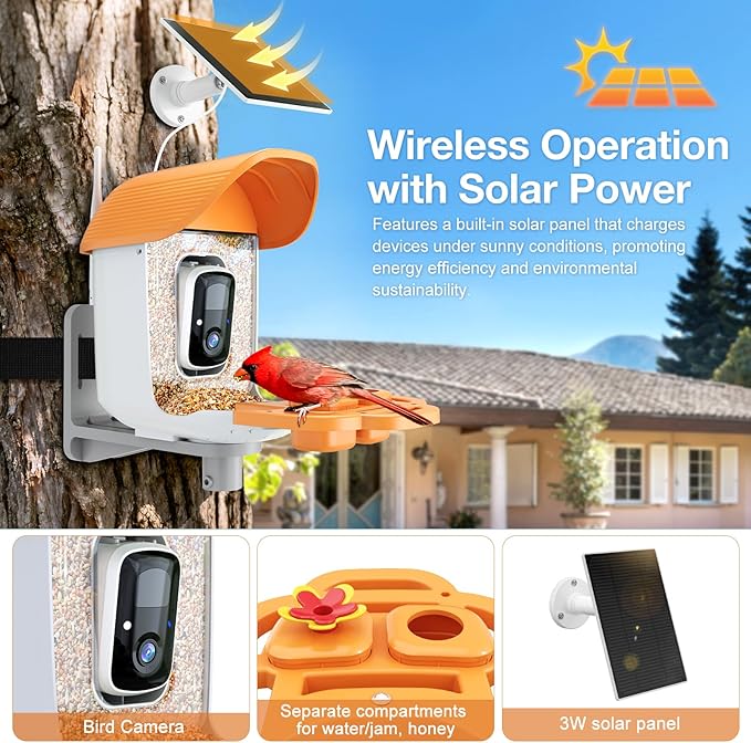 Smart Bird Feeder With 3MP HD Camera & AI Identify, Hummingbird Feeder With Solar Panel, Supports Two-Way Audio, Instant Arrival Alerts, Birdhouses For Outdoors, Gifts For Bird Lovers, Orange