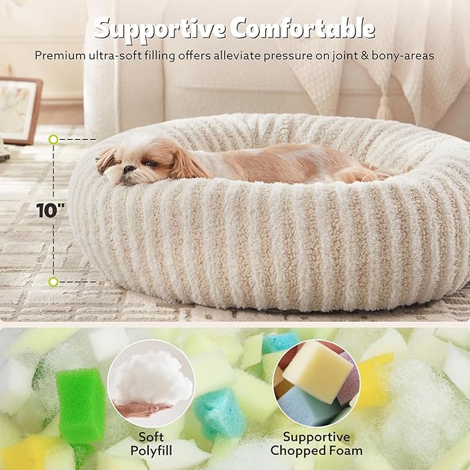 MIXJOY Calming Dog Beds Large Sized Dogs - Washable Donut Large Dog Bed with Removable Zipper Cover, Round Fluffy Plush Faux Fur Pet Bed with Anti-Slip Bottom, 36"x36"x10", White
