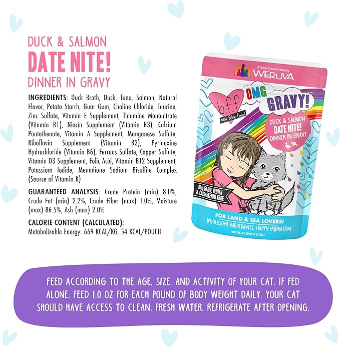Weruva B.F.F. OMG - Best Feline Friend Oh My Gravy!, Date Nite! with Duck & Salmon in Gravy Cat Food, 2.8oz Pouch (Pack of 12)