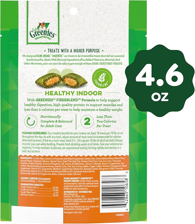 Greenies Feline Smartbites Healthy Indoor Cat Treats, Chicken Flavor, 4.6 oz. Pack