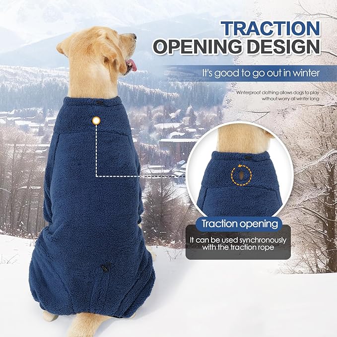 Winter Coat - Warm Fleece Dog Jacket, Windproof Pullover Jumpsuit, Full Body Pajamas Onesie, Cold Weather Clothes for Medium Large Dogs (XL, Navy Blue)