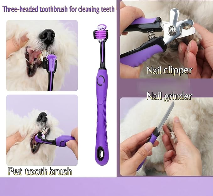 Pet Hair Grooming Tool Kit-9 Packs,Dog Cat Grooming Kit,Washing Gloves,Slicker Brush,Nail Trimming Tools,Dog Toothbrush,Comb and Grooming Scissors Set