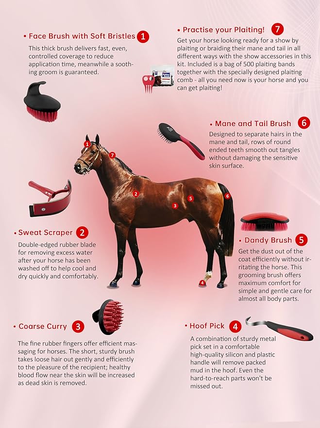 Harrison Howard Horse Grooming Brushes Kit 7 pieces with Organizer Tote Equine Care Series Horse Brush Sets Red