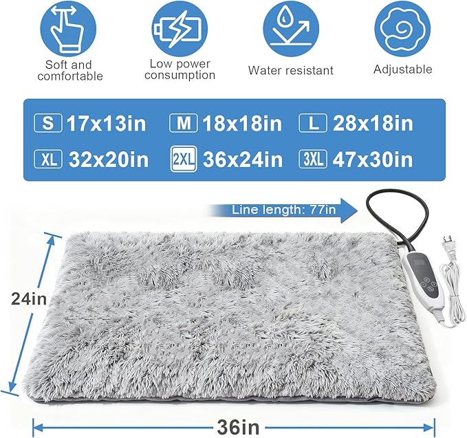 Large Dog Heating Pad 36x24 in with Smart Thermostat Switch and Power Line Protection Tube,Obtained MET and UL Dual Certification,Waterproof Pet Heating Pad for Dogs- Grey