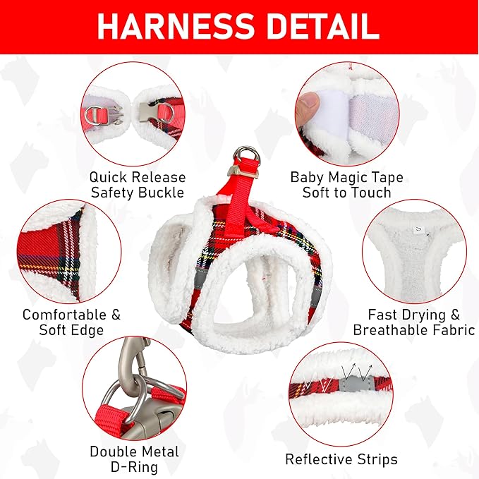 GAMUDA Small Dog Harness Collar and Leash Set, Step in No Chock No Pull Soft Mesh Adjustable Dog Vest Harnesses Plaid Reflective for Dogs Puppy Cats Kitten Rabbit (Warm Red, XL)
