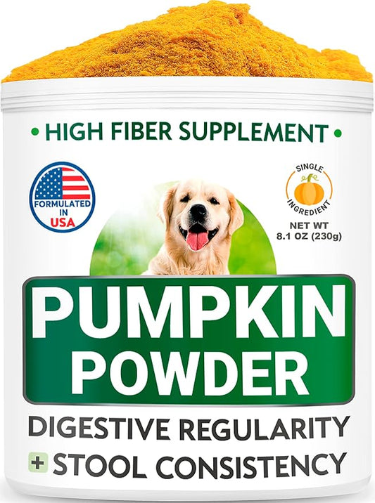 Pumpkin for Dogs - Powdered Fiber Supplement and Stool Softener - Treat Diarrhea, Constipation, Upset Stomach, Food Sensitivity - Improve Digestion - 8.1 oz Jar Natural