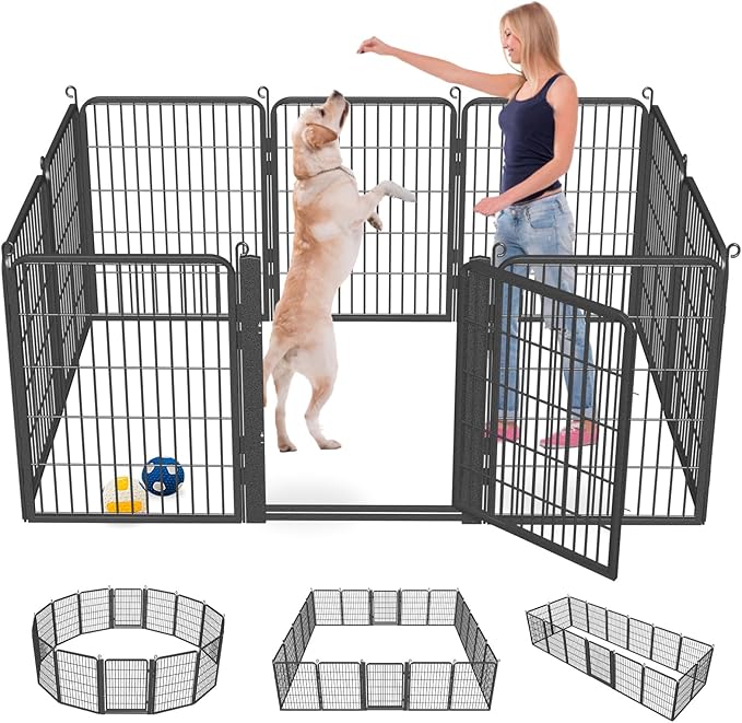 Dog Playpen with Low Threshold Gate, 32 inch 10 Panels Dog Fence, Heavy Duty Metal Puppy Exercise Dog Pen, Rust-Resistant Outdoor Pet Fence for Yard RV Camping