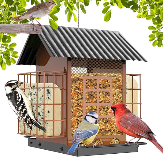 Bird Feeders for Outdoors Hanging, Metal Bird Feeder with Double Suet Cage Cake, Large Capacity, Birdfeeders Sturdy & Weatherproof, Easy to Clean & Refill, Great for Attracting Wild Birds