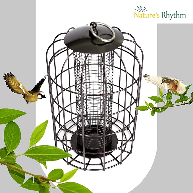 Nature's Rhythm Outdoor Hanging Bird Feeder Cage Mesh Tube Squirrel Proof Wild Bird Feeder with Large Metal Seed Guard Deterrent Green