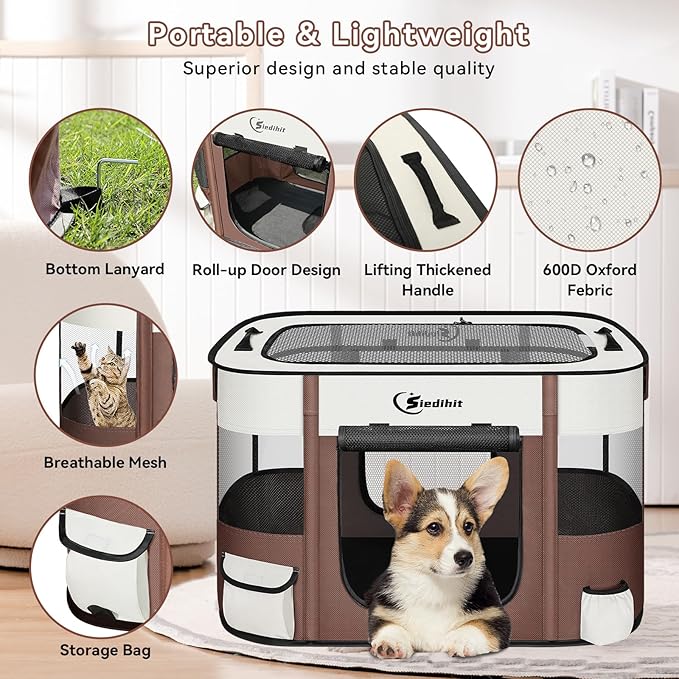 Dog Cat Playpen, Pet Puppy Portable Playpens for Outdoor Travel Crate, Indoor After Surgery Use, Foldable Dog Kennel Tent for Rabbit or Small Animals and Tent Stakes(Brown, Small)