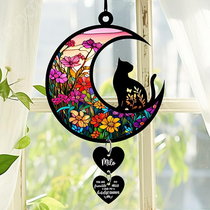 NAZENTI Personalized Cat Memorial Suncatcher, Sympathy Gift for Loss of Cat, Pet Remembrance Gift, Stained Glass Suncatcher, Custom Breed and Name, Pet Memorial Ornament Window Hanging