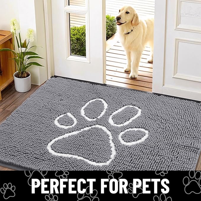 Smiry Dog Door Mat for Muddy Paws, Absorbent Dirt Trapper Non Slip Quick Dry Washable Chenille Mat for Mud Dogs, Entry Rug for Indoor and Outdoor (48x30 Inches, Grey and White)