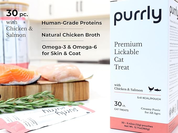 Purrly Hydrating Wet Cat Treat Snack Topper Creamy Purée Human-Grade Chicken Breast & Salmon with Omega-3 & 6 for Skin & Coat (30 Count) Healthy Lickable Squeeze Soft Snack