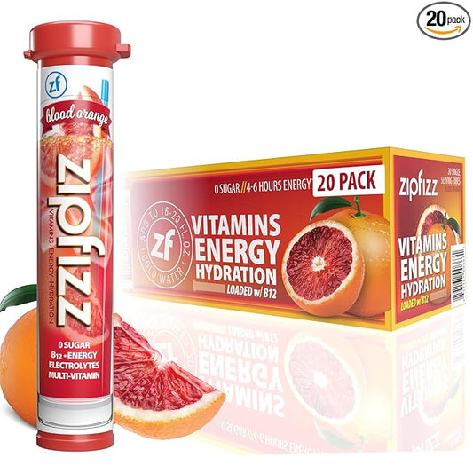 Zipfizz Daily Energy Drink Powder, Blood Orange, 20 Pack | 3-in-1 Sustained Energy, Rapid Hydration, and Essential Vitamins | Sugar-Free | Electrolyte Powder | Contains Vitamin B-12 & Antioxidants