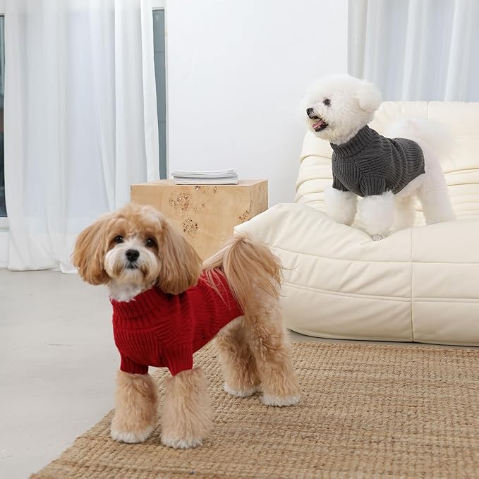 Small Dog Sweater, Dog Pullover Sweaters for Puppy Girl, Cable Knit Clothes for Cold Weather, Comfy Extra Small Dogs Sweater, Warm Turtleneck Sweatshirts Red Christmas Outdoor