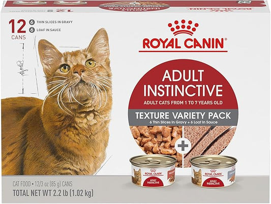 Royal Canin Feline Health Nutrition Adult Instinctive Adult Thin Slices in Gravy and Loaf in Sauce Variety Pack Cat Food, 3 oz (Pack of 12)