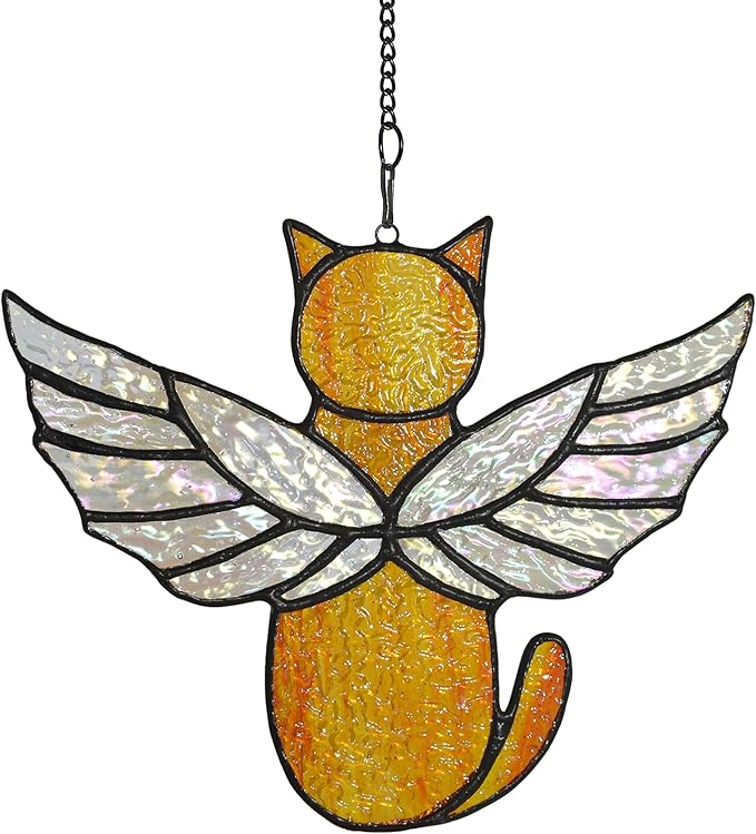 Angel Rainbow Wing Memorial Gifts - Stained Glass Cat Suncatcher, Loss of Cat Sympathy Gift (Orange)