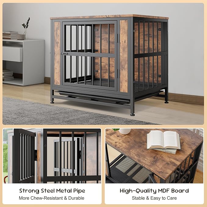 Rustic Small Dog Cage Furniture, Brown Wooden Dog Crate Kennel Furniture, Decorative Dog House Indoor End Table for Small Dog