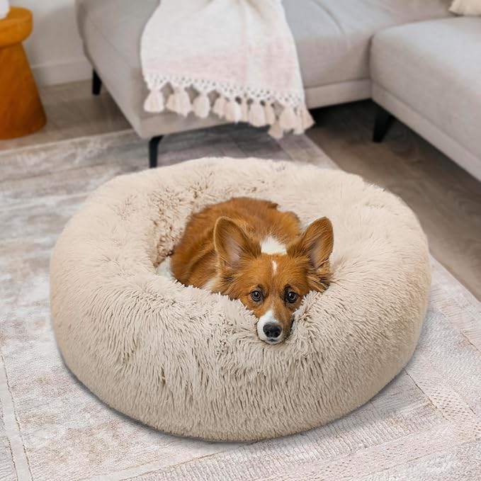 Best Friends by Sheri Bundle Set The Original Calming Shag Donut Cuddler Cat and Dog Bed + Pet Throw Blanket, Taupe, Medium 30x30