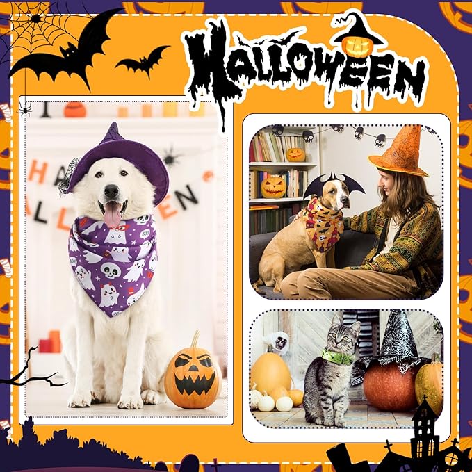 Abbylike 50 Pcs Dog Bandanas Bulk Pet Scarfs Triangle Bibs Adjustable Washable Puppy Kerchief Seasonal Pet Costume Accessories Grooming Supplies for Small Medium Large Dogs Cats (Halloween)