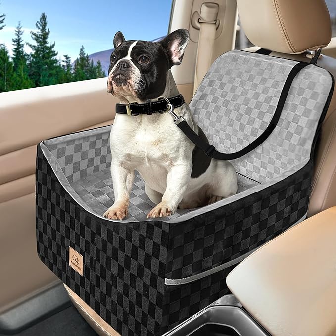 Dog Car Seat for Small and Medium Dogs Up to 35 lbs –Memory Foam Dog Booster Seat with Safety Leash & Storage Pockets, Fits Front & Back Car Seats, Removable Washable Cover - Black & Gray