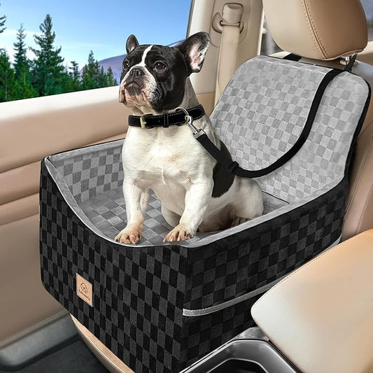 Dog Car Seat for Small and Medium Dogs Up to 35 lbs –Memory Foam Dog Booster Seat with Safety Leash & Storage Pockets, Fits Front & Back Car Seats, Removable Washable Cover - Black & Gray