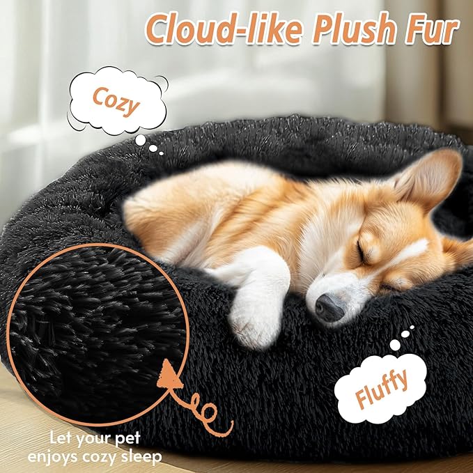 JOLLYVOGUE Medium Calming Dog Bed, Anti-Anxiety Donut Cuddler Cat Bed with Anti-Slip Bottom, Fluffy Faux Fur Machine Washable Pet Cushion for Medium Large Dog & Cat (31")