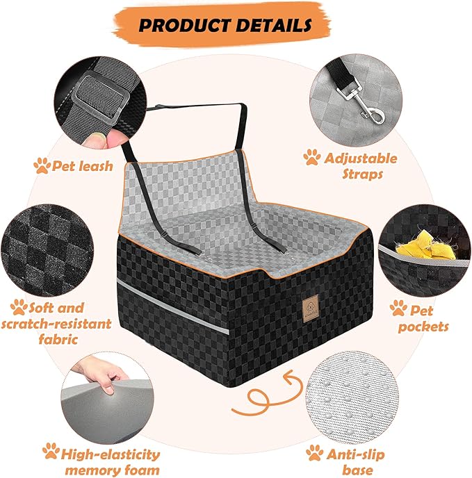 Large Dog Car Seat for Back Seat – Removable Dog Booster Seat & Washable Pet Car Seat for Medium & 2 Small Dogs up to 60lbs – Safety Straps & Storage Pocket – Travel & Home Use (Gray/Black)