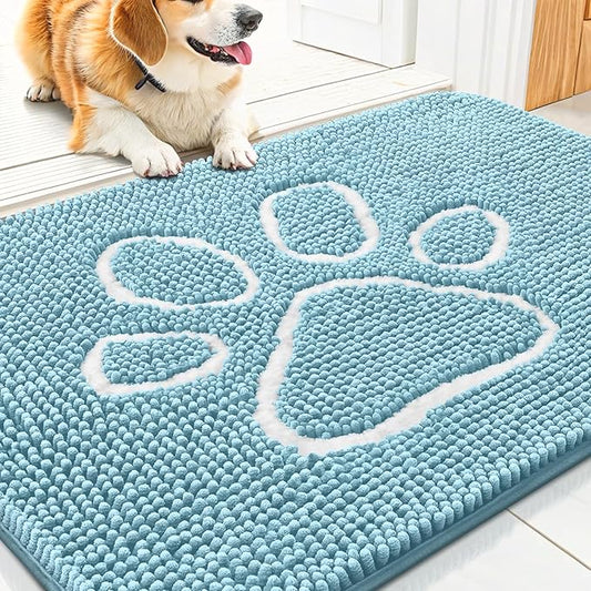 Smiry Dog Door Mat for Muddy Paws, Absorbent Dirt Trapper Non Slip Quick Dry Washable Chenille Mat for Mud Dogs, Entry Rug for Indoor and Outdoor (30x20 Inches, Sky Blue)