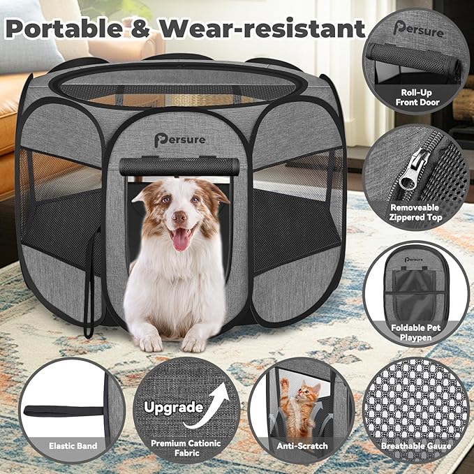 Dog Cat Playpen Indoor Outdoor for Puppy Pet Dogs Cat Recovery After Surgery, Dog Tent Crates Cage Indoor/Outdoor, Portable Pop Up Dog Kennel with Carrying Case for Travel (Premium Grey, Large)