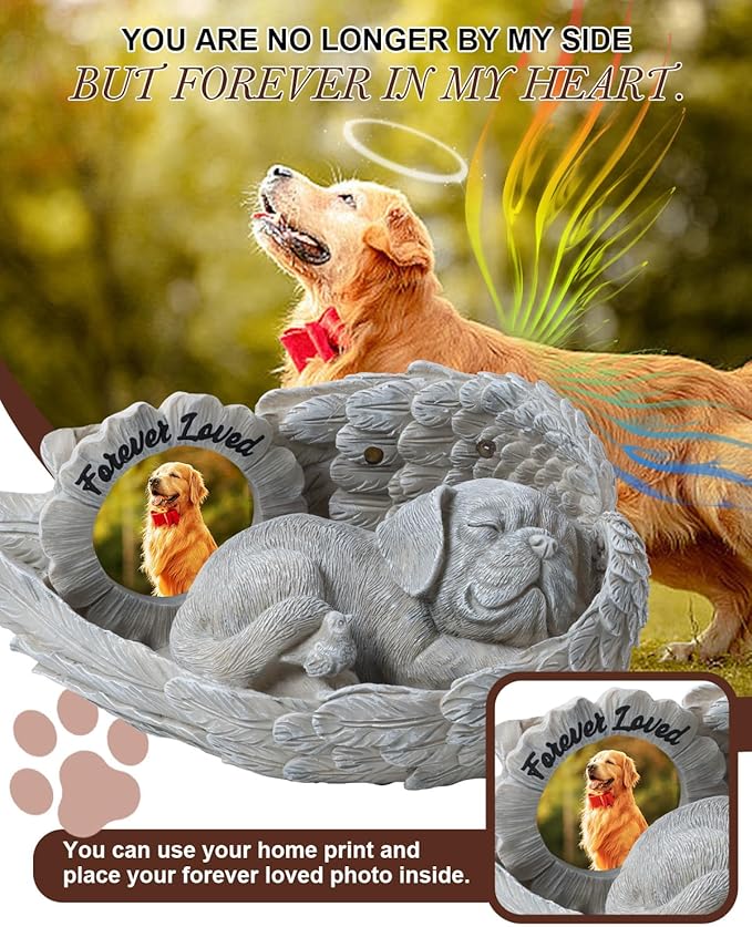 Dog Memorial Gift, Angel Memorial Dog Statue with Photo Frame, Forever My Guardian Angel Garden Solar Light Dogs for Pet Memorial Stone