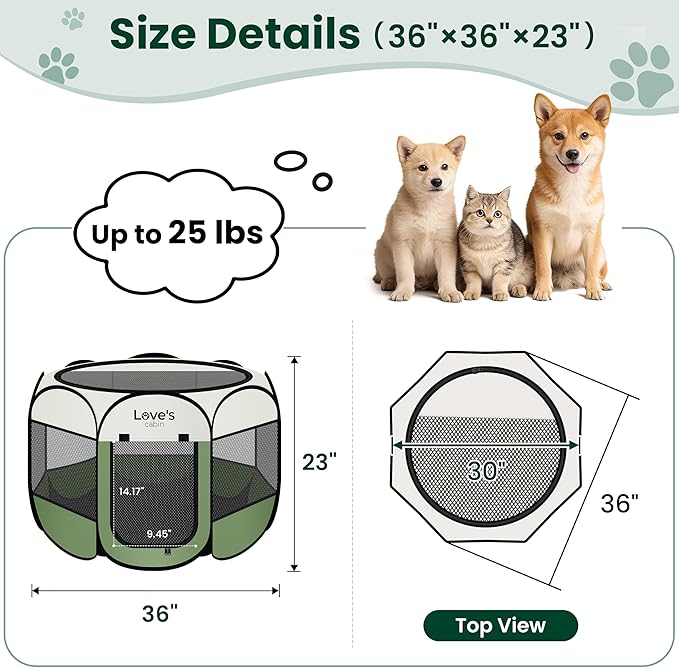 Love's cabin Pet Puppy Dog Playpen, Medium Dog Tent Crates Cage Indoor/Outdoor, Portable Playpen for Cat, Foldable Pop Up Dog Kennel Playpen with Carring Case, Removable Zipper Top, Olive Green