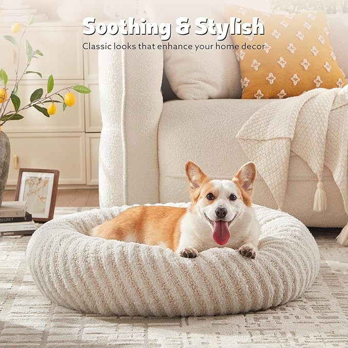 MIXJOY Calming Dog Beds Large Sized Dogs - Washable Donut Large Dog Bed with Removable Zipper Cover, Round Fluffy Plush Faux Fur Pet Bed with Anti-Slip Bottom, 36"x36"x10", White