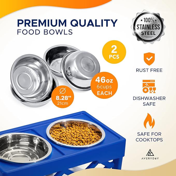 AVERYDAY Large Dog Bowls Elevated, 4 Height Adjustable Raised Dog Bowl Stand with 2 Stainless Steel Food and Water Bowls Set, Tall Dogs Feeding Station with Anti-Slip Base for Medium Large Breeds Dogs