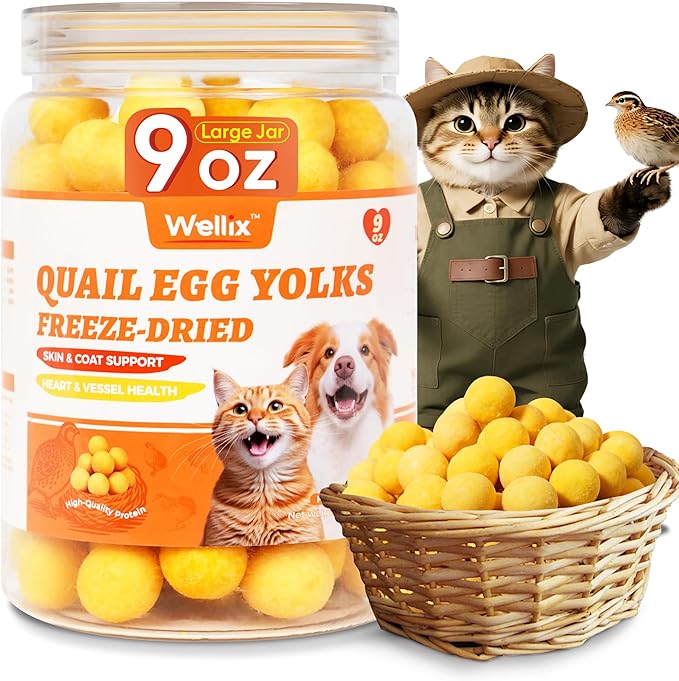 Wellix 9oz Freeze Dried Quail Eggs for Cats&Dog Treats - High-Protein Freeze Dried Quail Egg Yolk Cat Treats for Skin&Coat Health - Delicious Training Snacks for Puppy,Kitten Treat