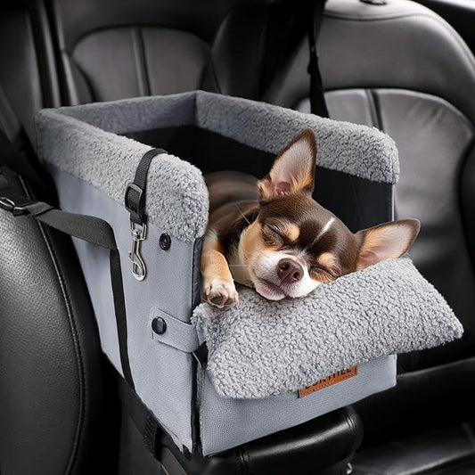 Console Dog Car Seat for Small Dogs,Small Dog Booster Seat for Car Washable Foldable Puppy Car Seat with Safe Protection Hooks Adjustable Straps and Storage Pocket Pet Up to 15lbs
